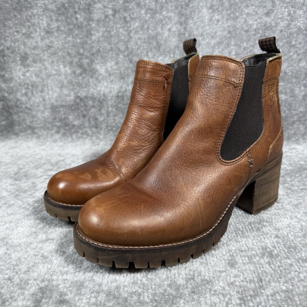 Bullboxer Boots Women's 8M Brown‎ Leather Cory Chelsea Ankle Block Heel Slip On